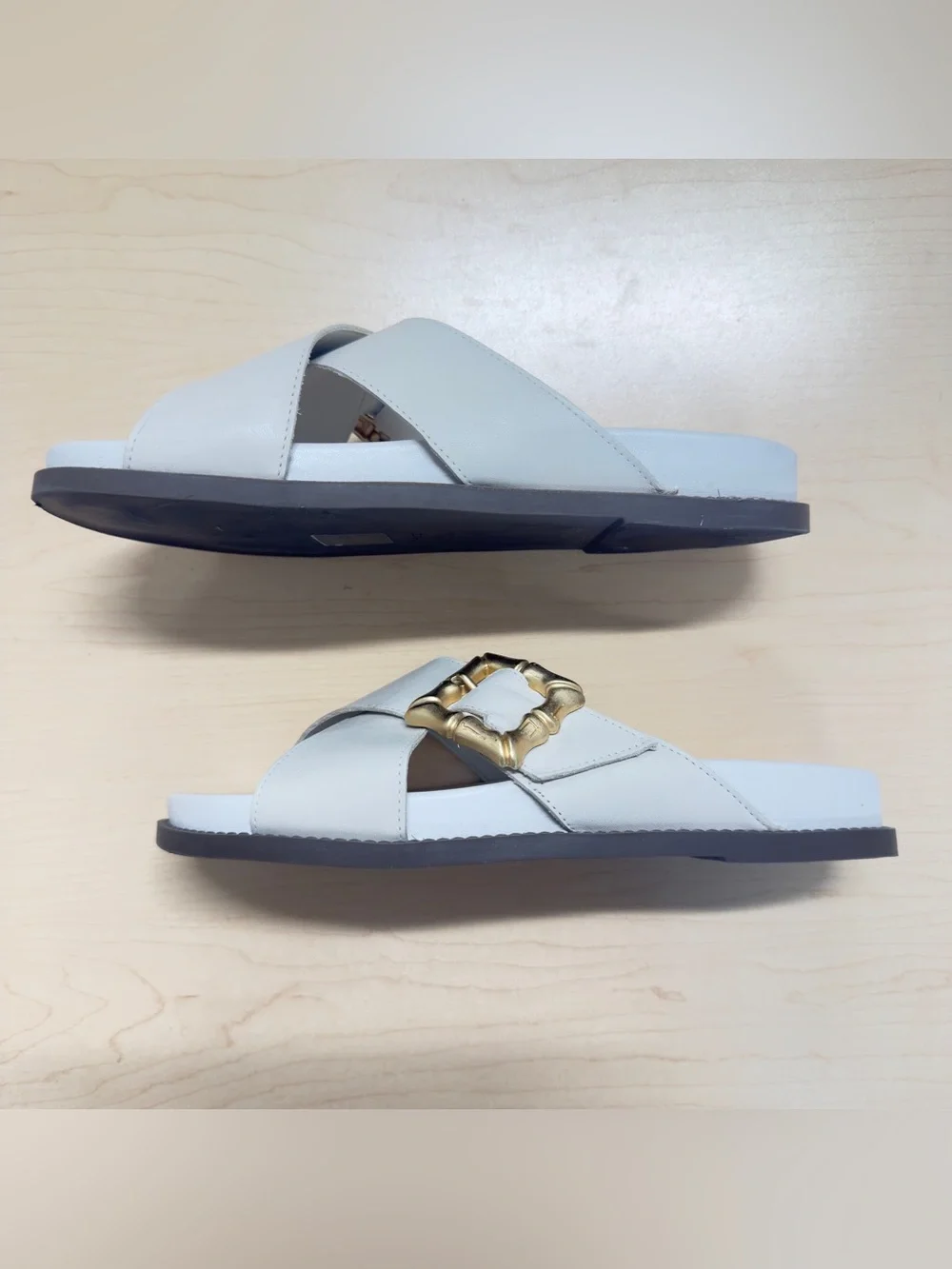 SCHUTZ Enola Leather Crossband Gold Buckle Slide Sandals Pearl White 8.5